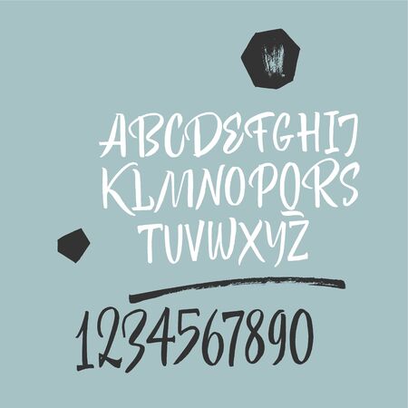 Handwritten font. Script. Latin calligraphic set with numbers and punctuationのイラスト素材