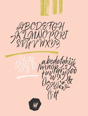 Handwritten font. Script. Calligraphic set with numbers and punctuationのイラスト素材