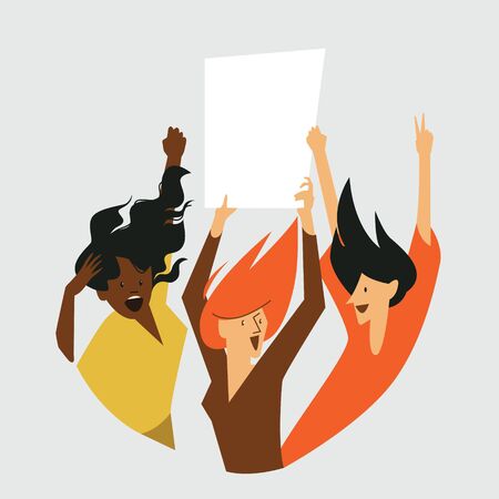 Women strike. Three girls of different skin color fighting their rights together. Powerful sisterhoodのイラスト素材