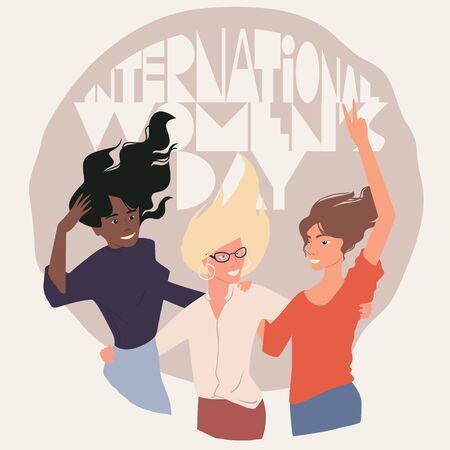 International woman's day. Three girls of different skin color fighting their rights together. Powerful sisterhoodのイラスト素材