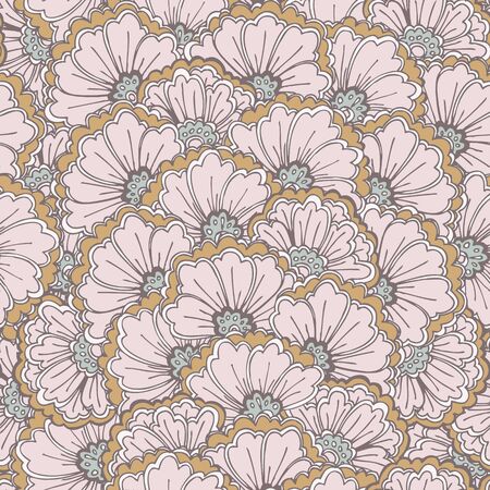 Eastern pattern with flowers, feathers and leaves in pale pink and blue shadowsのイラスト素材