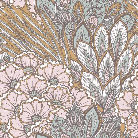 Eastern pattern with flowers, feathers and leaves in pale pink and blue shadowsのイラスト素材