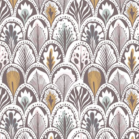 Exotic feather pattern in mustard, pink and blueのイラスト素材