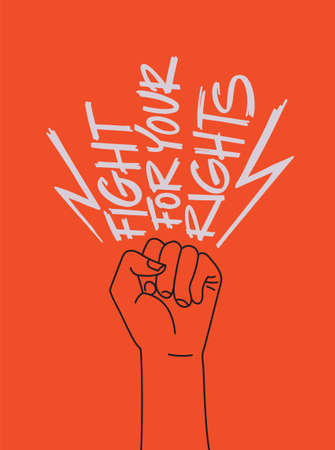 Raised womans arm fist with Fight for Your Rights lettering. Demonstration, riot, strike vector poster. Vector illustrationのイラスト素材