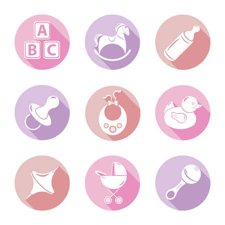 Set of nine icons on the theme of birth and babies. In gentle tones.のイラスト素材