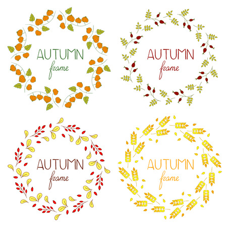 Autumn set of floral round frames. Collection of decorative autumn wreathes. Leaves, branches, autumn, berries.のイラスト素材