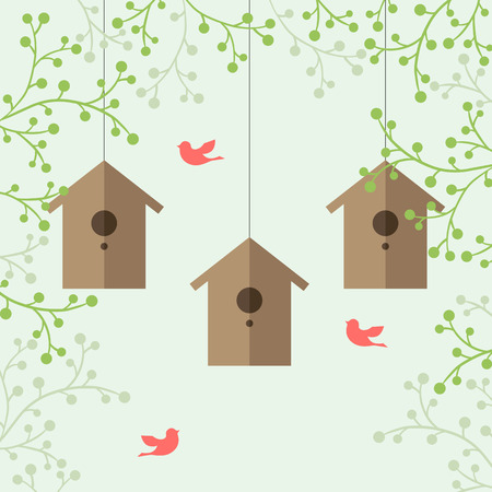 illustration of nesting boxes, green branches and pink birds on light green background.のイラスト素材