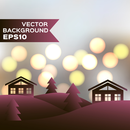 Landscape of winter night with houses and firs. Vector background EPS10. Christmas illustrationのイラスト素材
