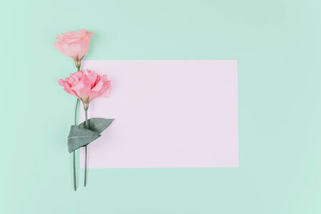 Top view of the white card Placed on a mint table with eustoma concept images for background use For adding words or messages and greetingの写真素材