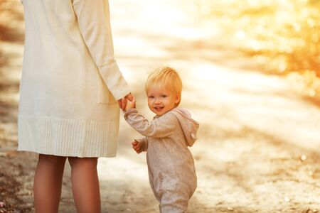 Back view on a cute little toddler boy holding his mothers hand and smiling . Adorable child walking with his mom in the park on a sunny summer day. Family on sunsetの写真素材