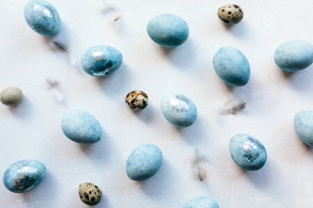 Group ombre blue Easter eggs isolated on white background. Dyed Easter eggs.Compositions in pastel colors. Easter consept. Flat lay, top view. Copy spaceの写真素材