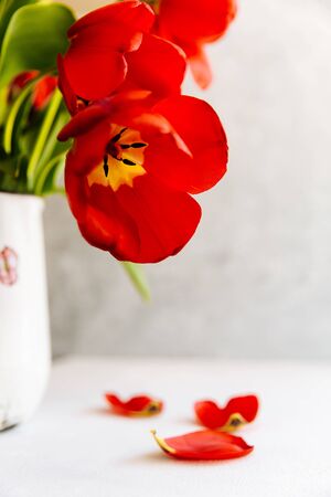 Tulips in a vase close-up, rustic style on a light background, mother's day, spring concept.の写真素材