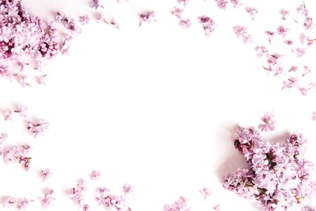 Banner of Frame of lilac flowers with space for text on white background. Flat lay, top view, spring concept, mother's day,の写真素材