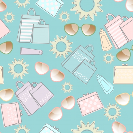 Fresh blue seamless summer background pattern with the sun, sunglasses, cosmetics and bags in a random scatter conceptual of travel and vacationのイラスト素材