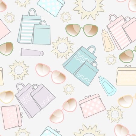 Summer vacation seamless background design with the sun, sunglasses, sunscreen, pretty handbags and shopping bags in fresh pastel colours scattered on a white backgroundのイラスト素材