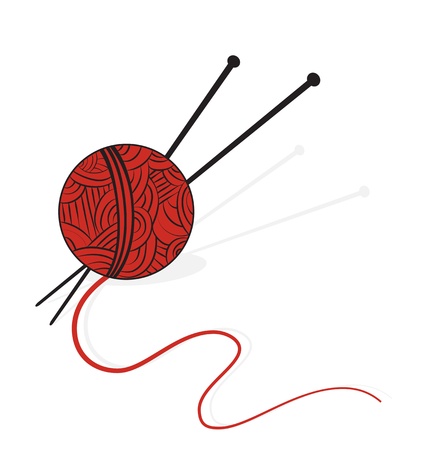 Design illustration of a ball of red knitting yarn with needles poking through it isolated on whiteのイラスト素材