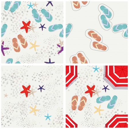 Four seamless beach themed vector patterns showing the sand with flip flops, footprints, starfish and a beach umbrella in various combinations conceptual of a tropical summer vacationのイラスト素材