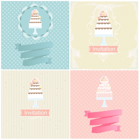 Set of invitation designs with banners and multi-tiered decorative cakes to celebrate a birthday party or weddingのイラスト素材