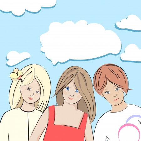 Upper body portrait of three pretty young girls grouped close together looking down at the viewer against a cloudy blue sky as they enjoy the summer sunshine on their vacation, illustrationのイラスト素材