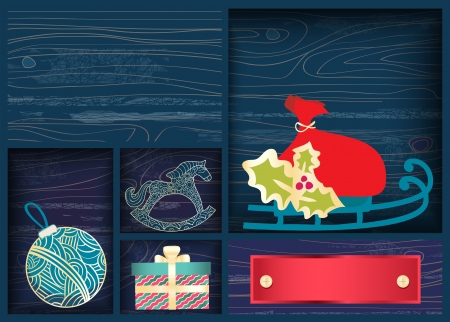 Box of colourful red Christmas decorations with sleigh, bauble, gift box, and blank banners for your Christmas or New Year greeting, design illustration Box with Christmas decorationsのイラスト素材