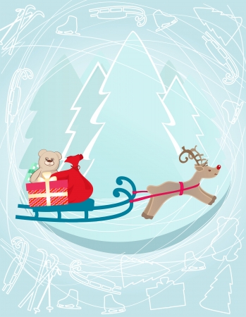 Seasonal illustration of a cute red-nosed reindeer pulling a sleigh filled with Christmas gifts and a teddy bear across a blue background with sketched winter presents and treesのイラスト素材