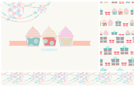Invitation card for a party with a matching seamless pattern of decorative cupcakes and an ornamental light in soft pastel coloursのイラスト素材