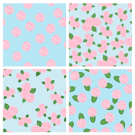 Set of four seamless floral vector patterns of pink roses in singletons and bunches depicting love, romance and spring in square format suitable for wallpaper or textilesのイラスト素材