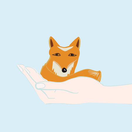 Cute little cartoon fox cupped protectively in a hand looking alertly at the viewer, illustration on a blue backgroundのイラスト素材