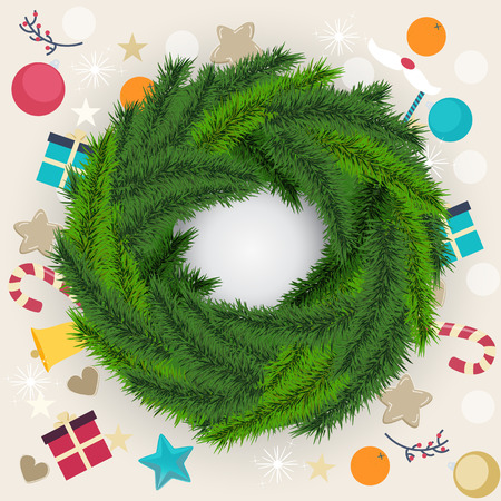 Circular Christmas wreath of fresh green pine or fir foliage surrounded by Xmas icons of gifts, candy, baubles, bells, stars, berries and oranges in a festive card design, vector illustrationのイラスト素材