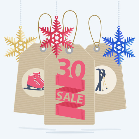 Sale labels for a Christmas sale of sports gear and equipment showing a 30 percent reduction on ice skates and skis decorated with colorful snowflake decorations, vector illustrationのイラスト素材