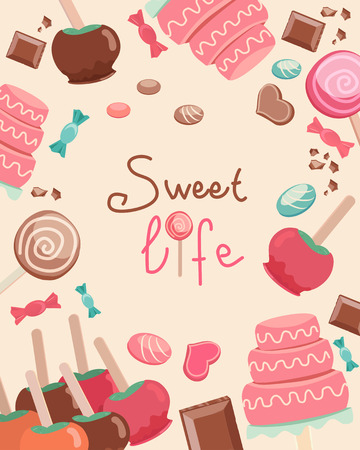 Graphic Design of Simple Sweet Life Text Surrounded by Sweets on Light Brown Background.のイラスト素材