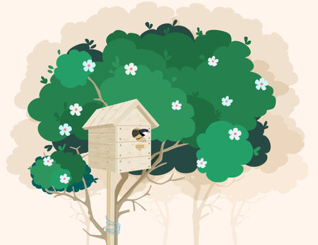 A wooden nesting box with a small bird in it tied to a green blossoming tree and tree shadows on the backgroundのイラスト素材