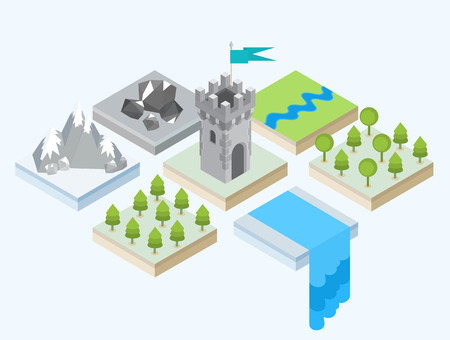 Isometric views of a forest, a waterfall, a mountain range, a group of stones and a medieval castle towerのイラスト素材