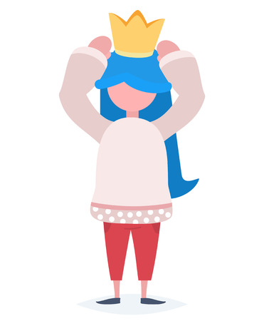 A girl with blue hair trying on a golden crownのイラスト素材