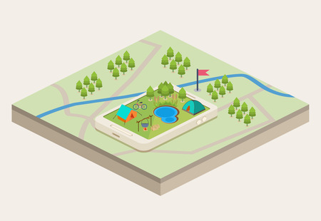 An isometric mobile map showing a campsite with a river and a lakeのイラスト素材