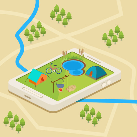 An isometric mobile map showing a campsite with a river and a lakeのイラスト素材