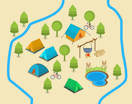 An isometric map showing a campsite with two rivers and a lakeのイラスト素材