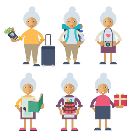 An old woman preparing for a trip, taking photos, cooking, celebrating her birthday and preparing a presentのイラスト素材