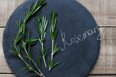 Fresh rosemary on black slate board on wooden table and funny hand-drawn name of the plantの写真素材