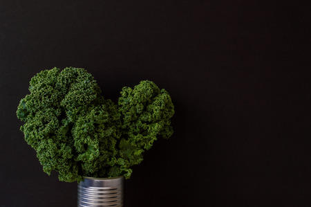 Background with curly kale bunch in a metal jar. Raw kale leavesの写真素材