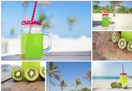 Collage with kiwi juice captured on the beach during summer seasonの写真素材
