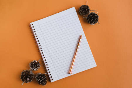 Notebook with empty pages, pen and decorative pine cones on orange background, flat lay. Winter...