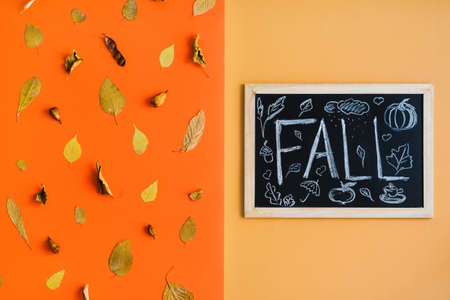 Blackboard with handwritten word FALL and small funny chalk drawings and dry yellow leaves on orange...
