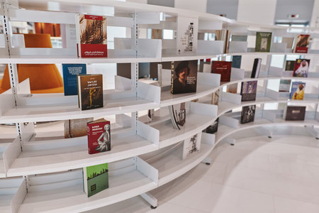 DUBAI, UNITED ARAB EMIRATES - August, 2022: Book display inside Mohammed Bin Rashid Libraryのeditorial素材