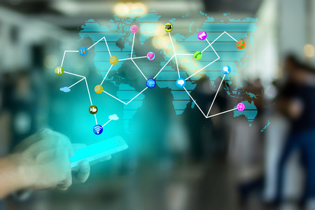 Hand touching smartphone, social media conceptの写真素材