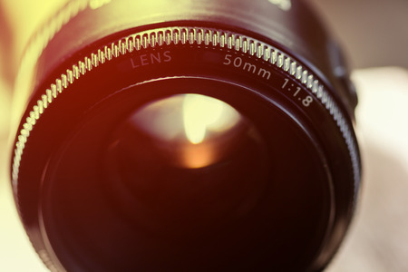 close up lens camera on woodの写真素材