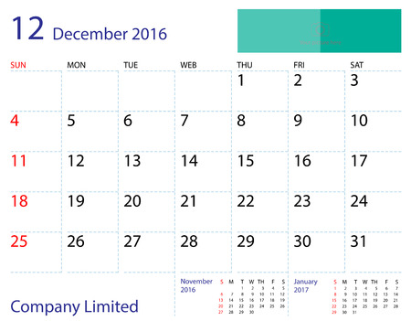 Desktop calendar December 2016 template. Paper size 204 mm x 159 mm.のイラスト素材