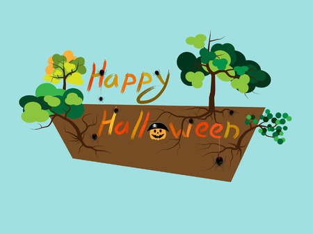Happy Halloween text with tree and spiders. Vector illustration.のイラスト素材