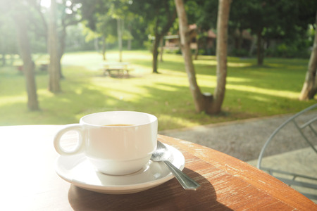 White coffee cup on wooden table in garden at morning.の写真素材