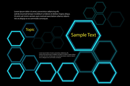 Hexagonal lighting background on black with sample text.のイラスト素材